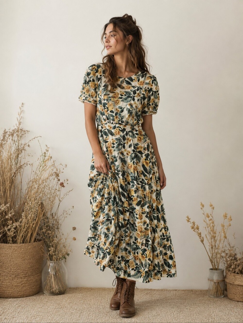 NWT Atelier Reve Floral Maxi Dress Size 36 Short Sleeve Prairie Cottagecore